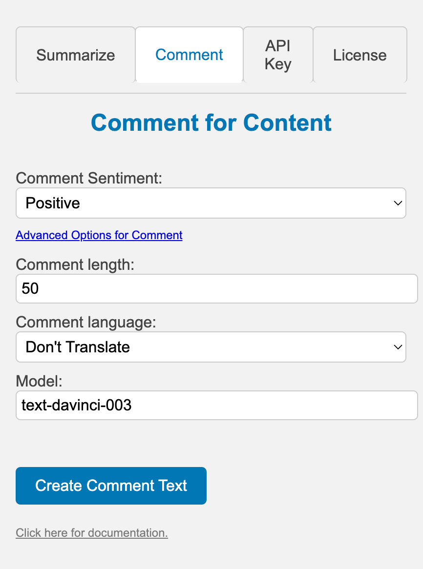 Comment Advanced Options Screenshot